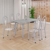 Conjunto De Mesa Tubular 6 Cadeiras 140x75cm Mart Perola Com Tampo Em Granito Topázio Brenda 010 - Tudo De Móveis Preto Floral - 3