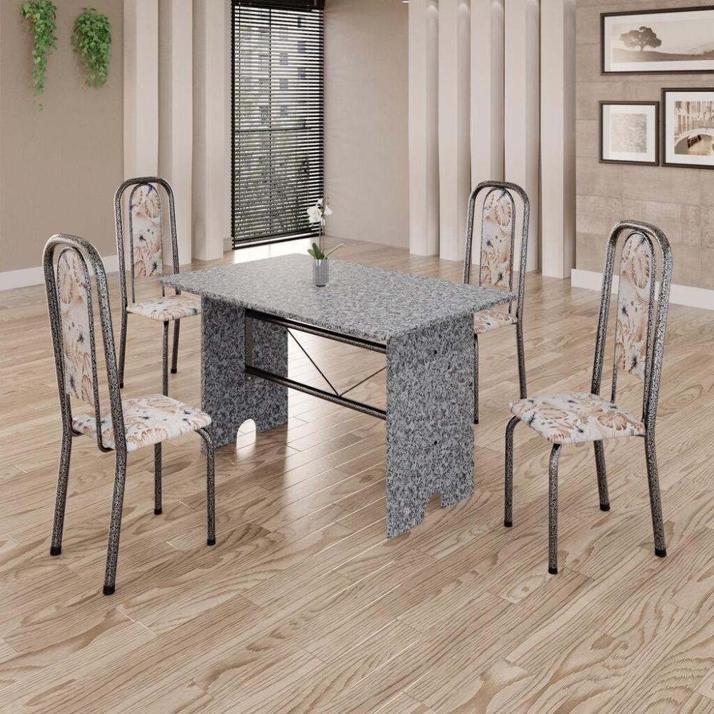 Conjunto De Mesa Tubular 4 Cadeiras 120x75cm Mart Prata Com Tampo Em Granito Ocre Letícia 070 - Tudo De Móveis Preto Floral - 2