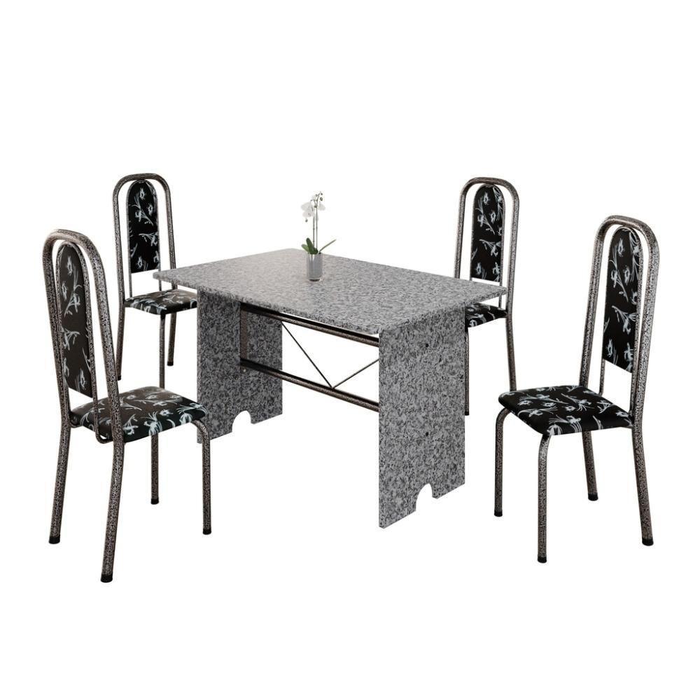 Conjunto De Mesa Tubular 4 Cadeiras 120x75cm Mart Prata Com Tampo Em Granito Ocre Letícia 070 - Tudo De Móveis Preto Floral - 4