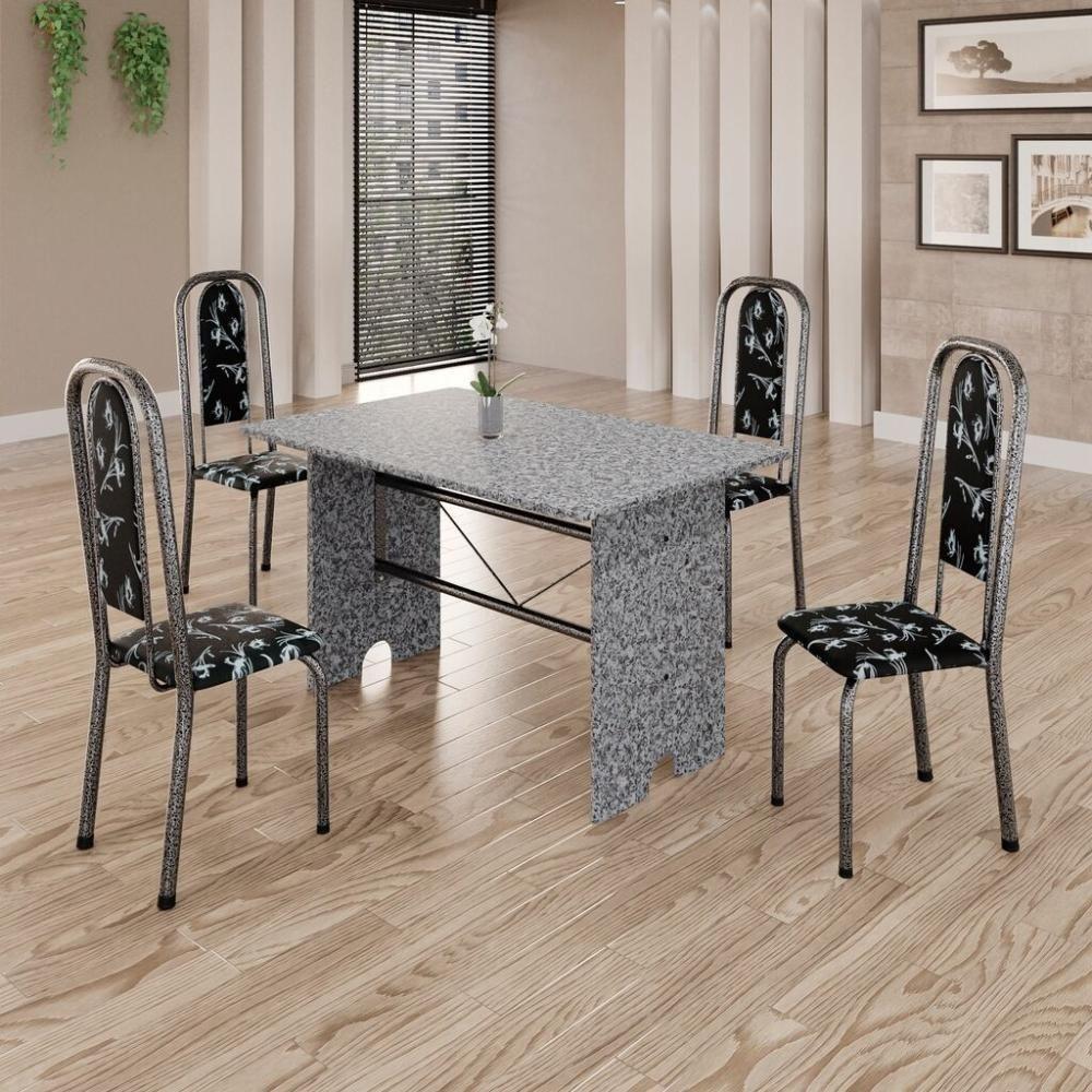 Conjunto De Mesa Tubular 4 Cadeiras 120x75cm Mart Prata Com Tampo Em Granito Ocre Letícia 070 - Tudo De Móveis Preto Floral - 10
