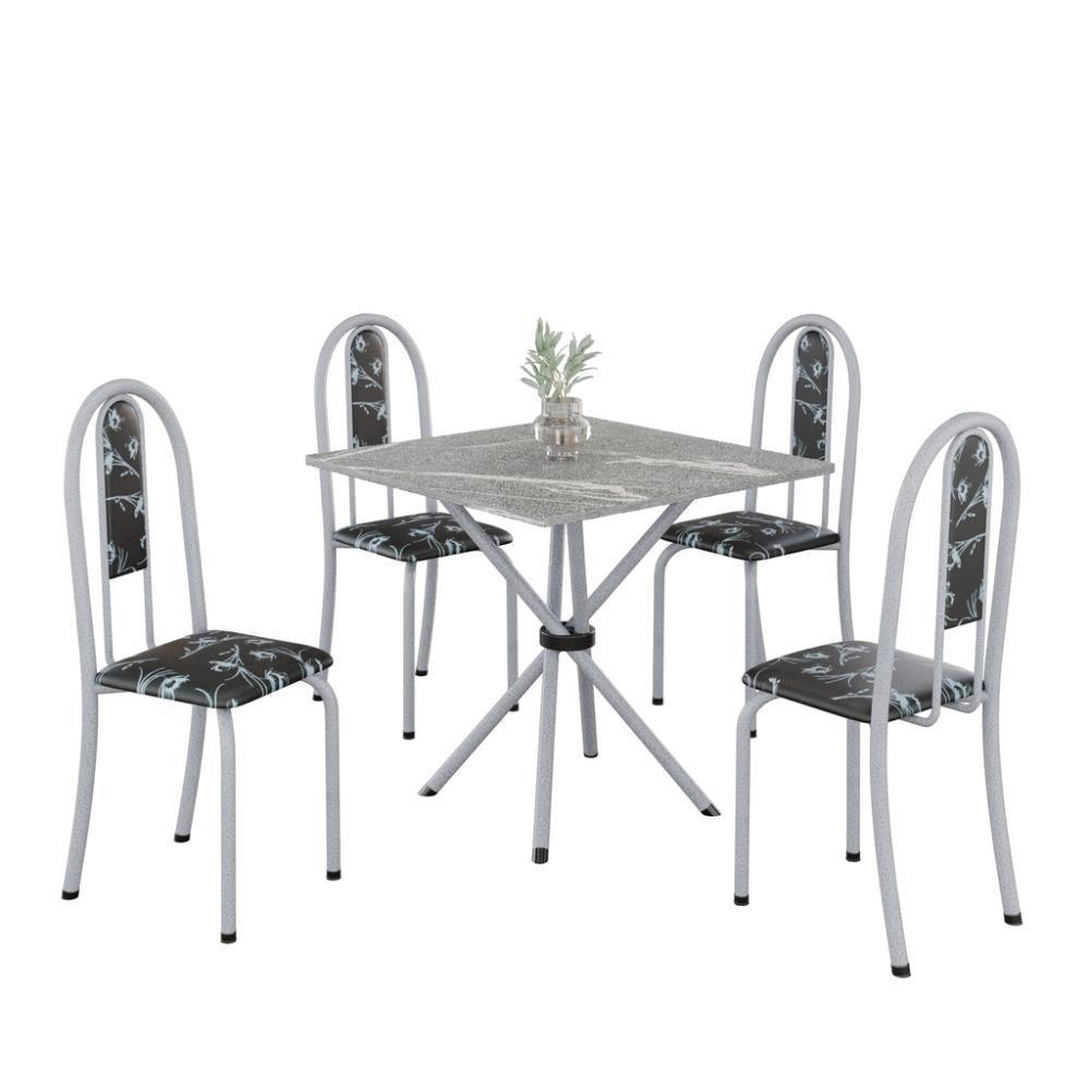 Conjunto De Mesa Tubular 4 Cadeiras 70x70cm Mart Perola Com Tampo Em Granito Topázio Isabel 048 - Tudo De Móveis Preto Floral - 1