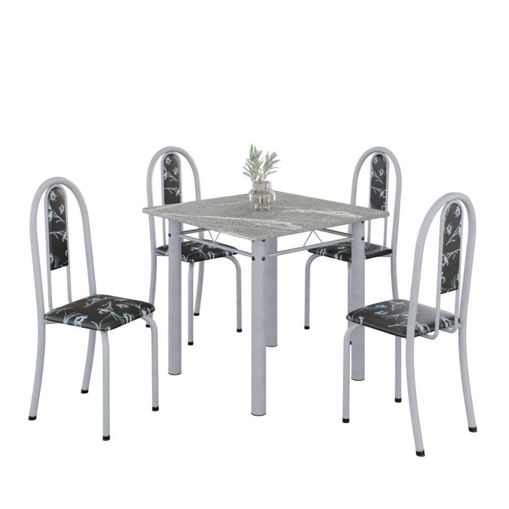 Conjunto De Mesa Tubular 4 Cadeiras 70x70cm Mart Perola Com Tampo Em Granito Topázio Isabel 030 - Tudo De Móveis Preto Floral - 1