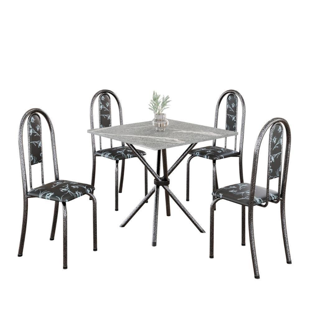 Conjunto De Mesa Tubular 4 Cadeiras 70x70cm Mart Prata Com Tampo Em Granito Topázio Isabel 048 - Tudo De Móveis Preto Floral - 1