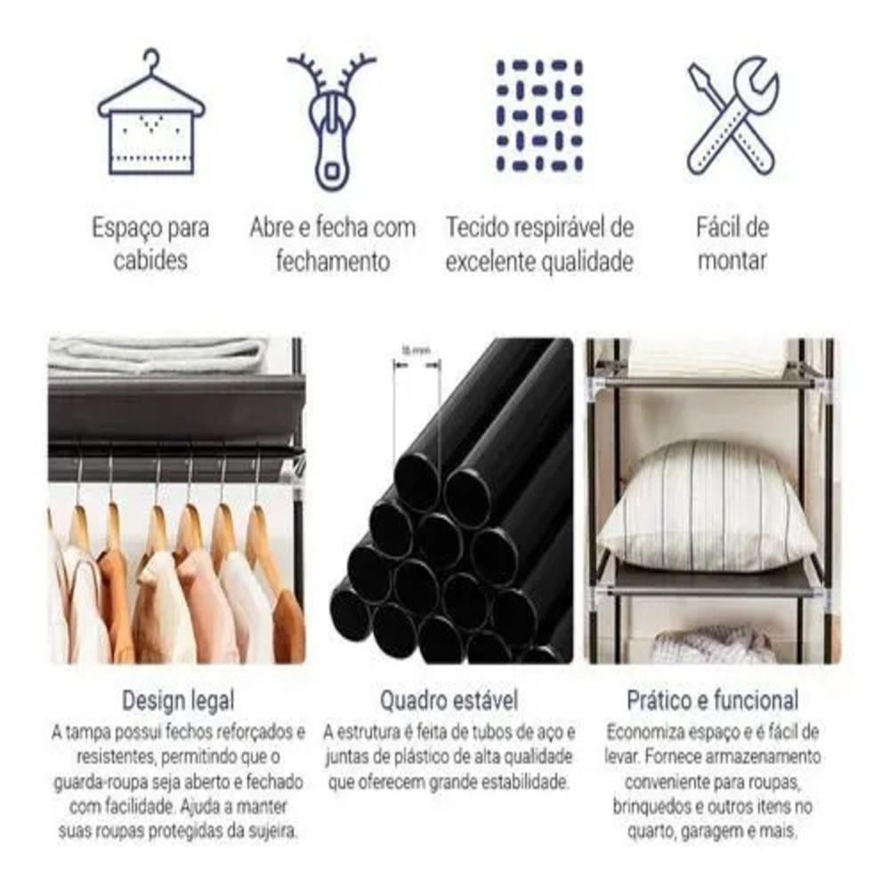 Guarda Roupa Portatil Dobravel Cabideiro Arara Grande Organizador Prateleiras Armario - 3