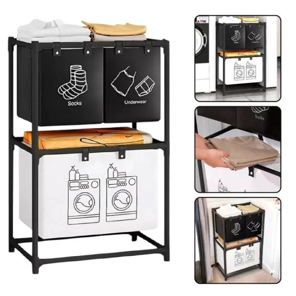 Cesto Lavanderia Triplo Estante Metal Roupa Suja 2 Andares Roupeiro 3 Divisorias Organizador Banheiro Multiuso Armario D - 1