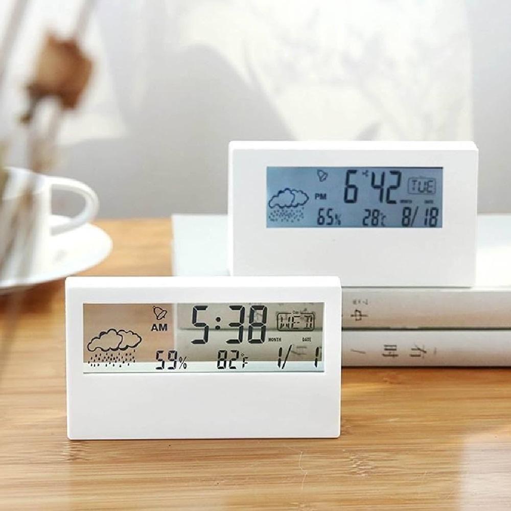 Relogio Despertador Mesa Digital Multifuncao Tela Transparente Lcd Iluminada Sensor Clima Temperatura Umidade Branco - 4