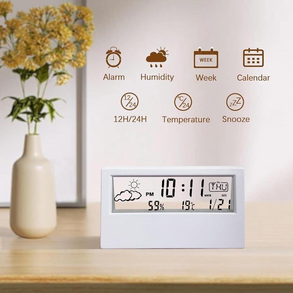 Relogio Despertador Mesa Digital Multifuncao Tela Transparente Lcd Iluminada Sensor Clima Temperatura Umidade Branco - 7