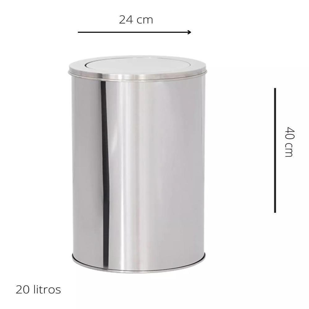 Lixeira Inox Basculante 20 Litros Grande Cesto Lixo Vai Vem Aco Prateada Escritorio Cozinha Banheiro Praticidade E Higie - 4