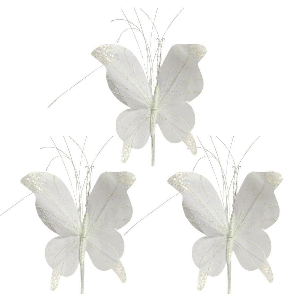 Kit 3 Borboletas Pick Natal Branca Full Glitter Luxo 23cm - Magizi - 1