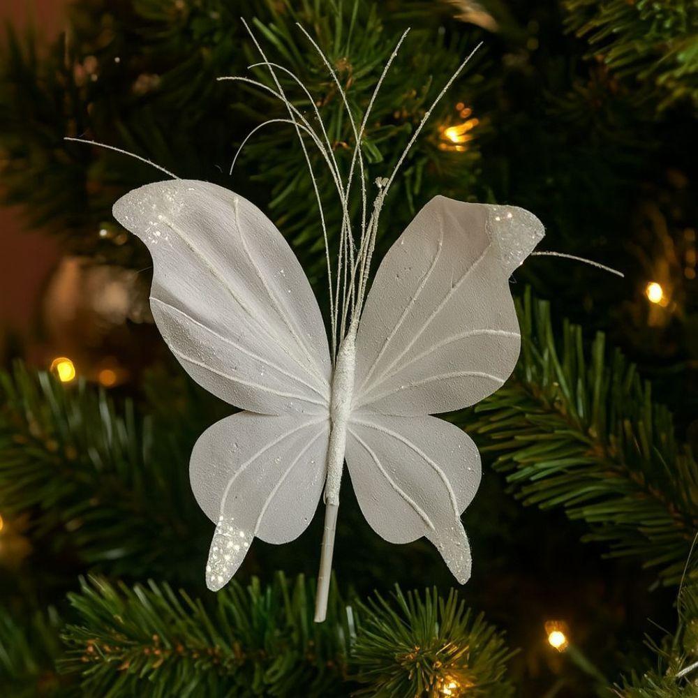 Kit 3 Borboletas Pick Natal Branca Full Glitter Luxo 23cm - Magizi - 2