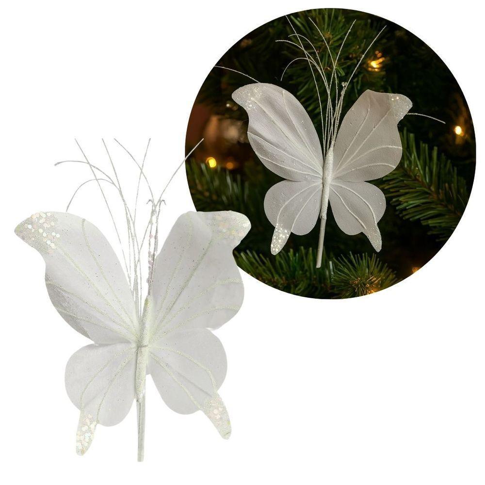 Kit 3 Borboletas Pick Natal Branca Full Glitter Luxo 23cm - Magizi - 4