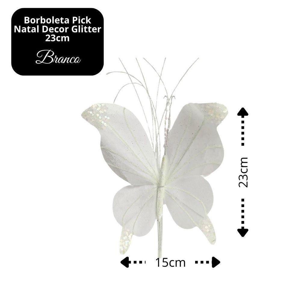 Kit 3 Borboletas Pick Natal Branca Full Glitter Luxo 23cm - Magizi - 5
