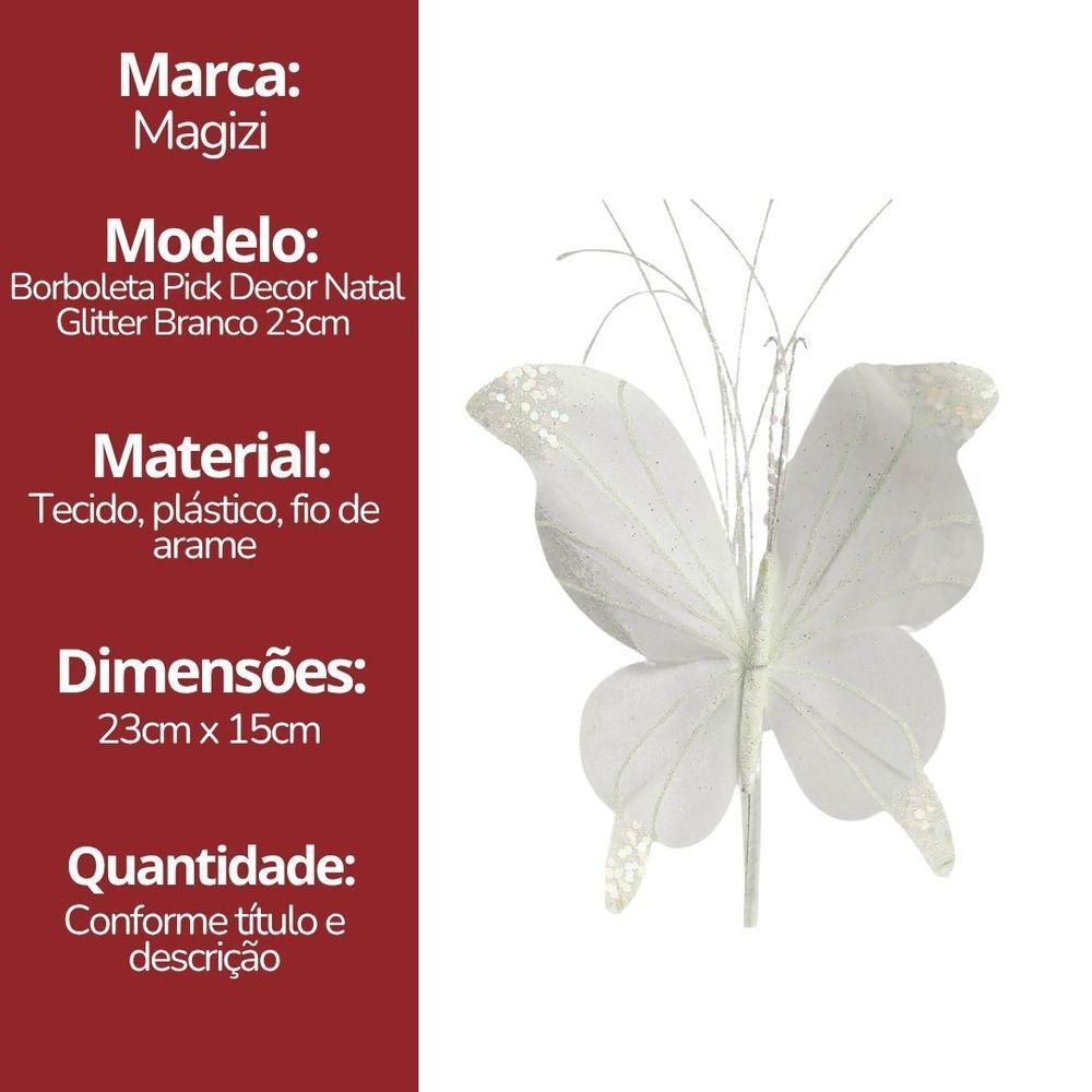 Kit 3 Borboletas Pick Natal Branca Full Glitter Luxo 23cm - Magizi - 7