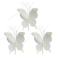Kit 3 Borboletas Pick Natal Branca Full Glitter Luxo 23cm - Magizi - 1