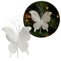 Kit 3 Borboletas Pick Natal Branca Full Glitter Luxo 23cm - Magizi