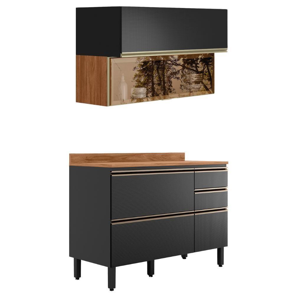 Balcao Com Tampo E Armario Aereo Vidro 120 Cm Proenca Nogueira Carbono Prime Demartez Nogueira Carbono Prime - 1