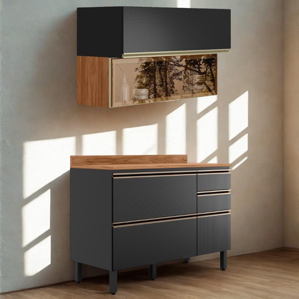 Balcao Com Tampo E Armario Aereo Vidro 120 Cm Proenca Nogueira Carbono Prime Demartez Nogueira Carbono Prime - 5