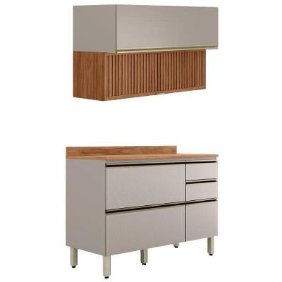 Balcao Com Tampo E Armario Aereo Ripado 120 Cm Proenca Nogueira Nude Prime Demartez Nogueira Nude Prime