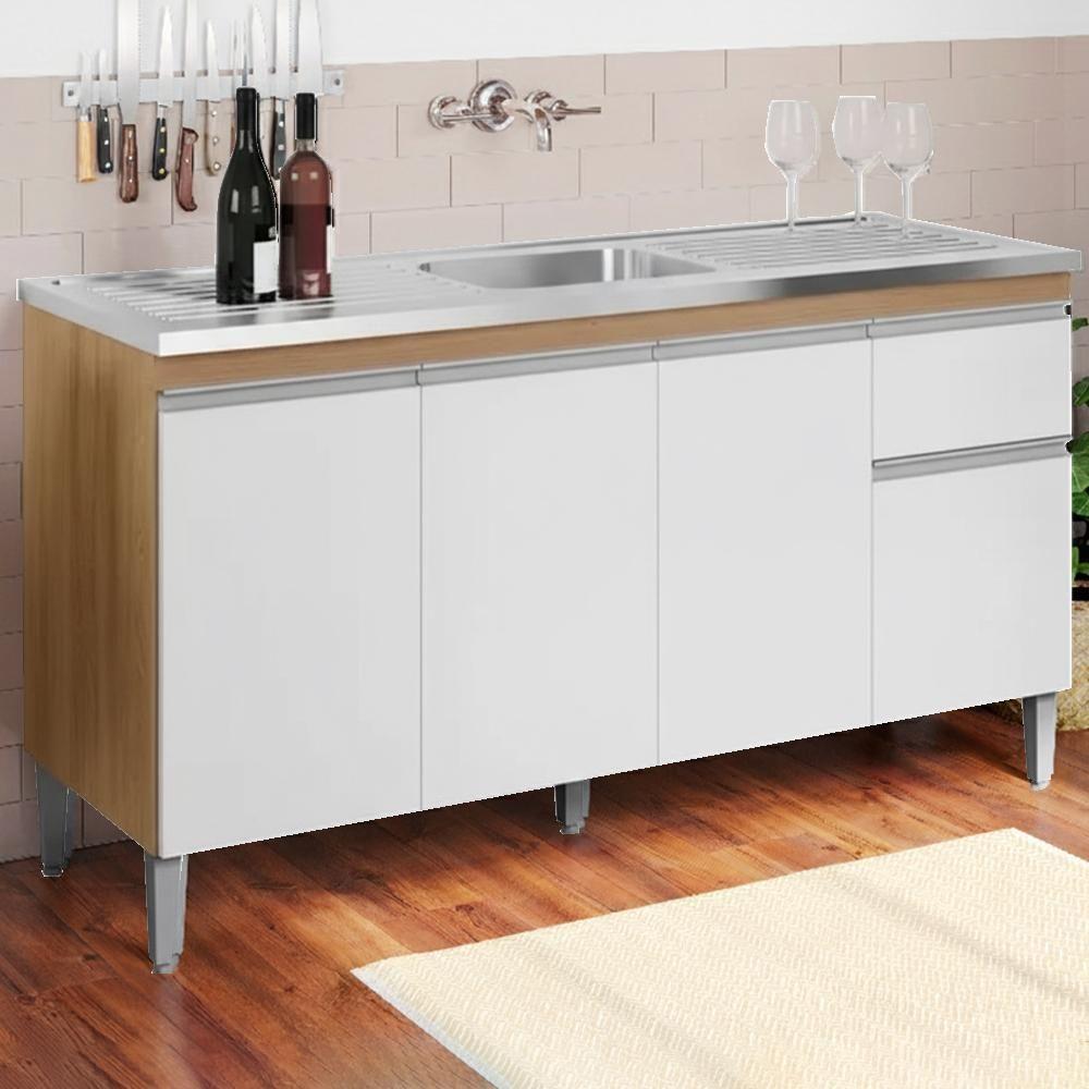 Balcao Para Pia Sem Tampo 145 Cm Tatiane Amendoa Branco Reajl Moveis Amendoa Branco - 2