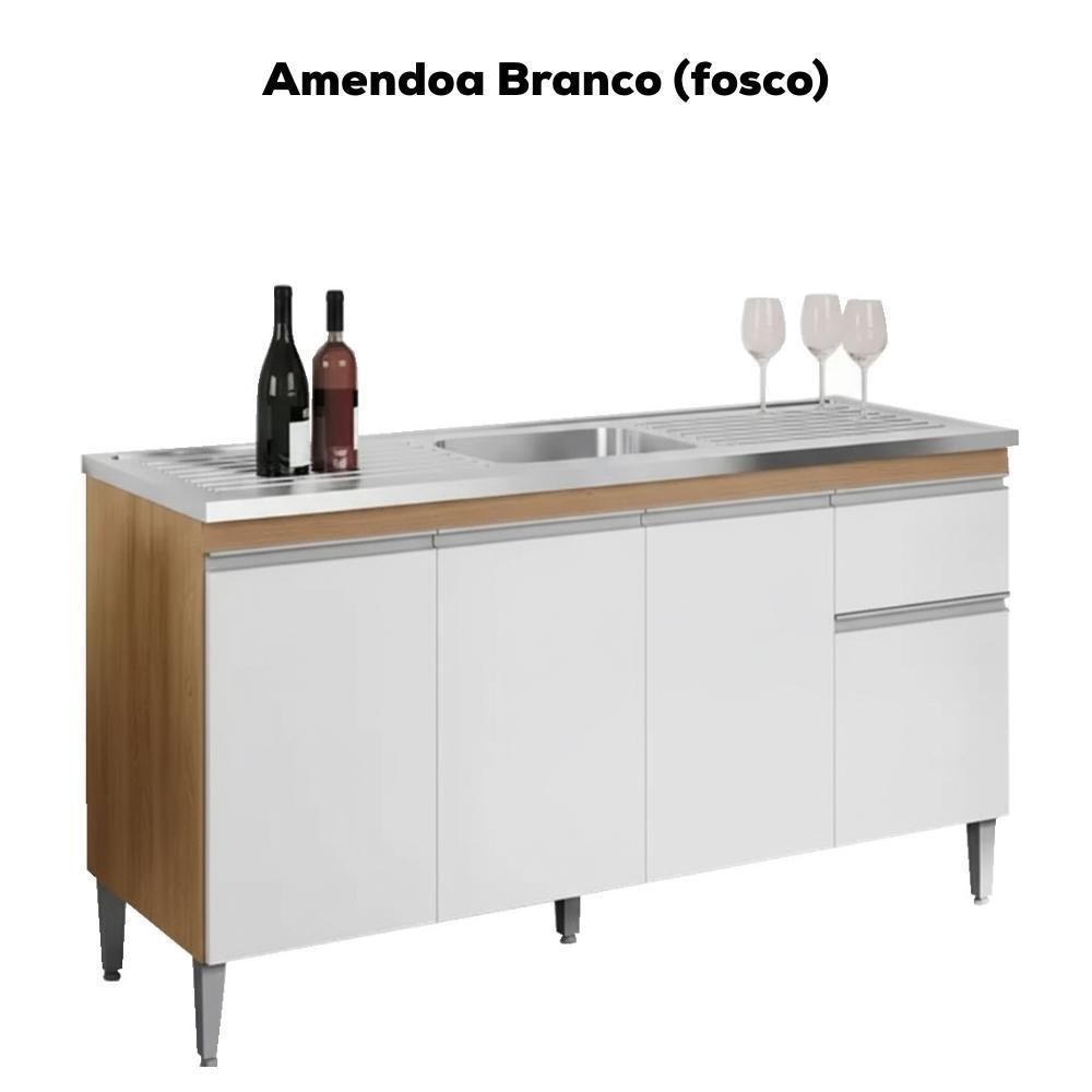 Balcao Para Pia Sem Tampo 145 Cm Tatiane Amendoa Branco Reajl Moveis Amendoa Branco - 4