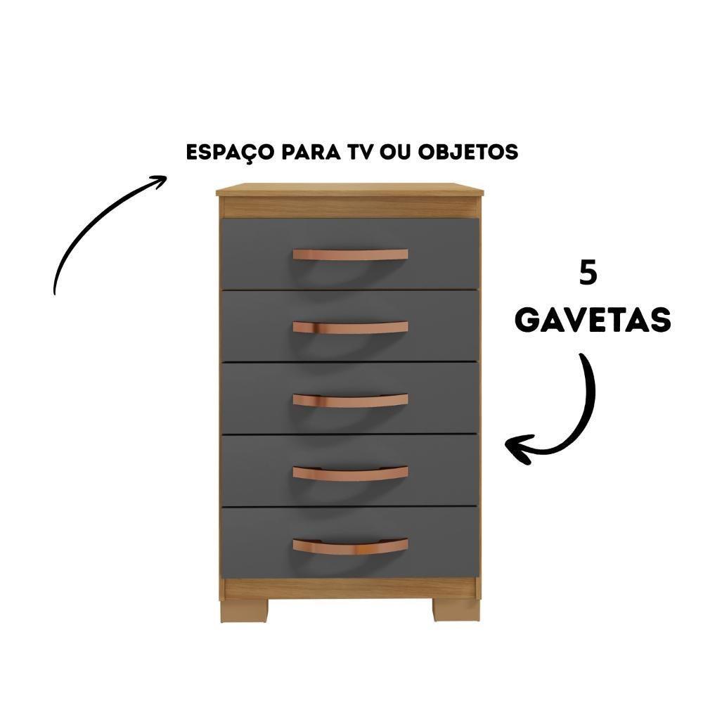 Cômoda 5 Gavetas Compacta Para Quarto Carvalho Grafite - 4