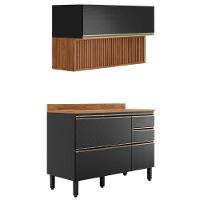 Balcao Com Tampo E Armario Aereo Ripado 120 Cm Proenca Nogueira Carbono Prime Demartez Nogueira Carbono Prime - 1