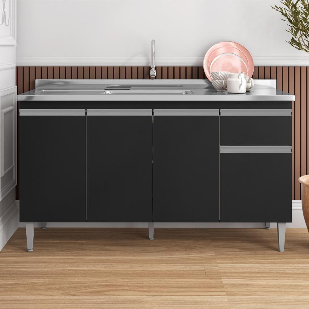 Balcao Para Pia Sem Tampo 145 Cm Tatiane Preto Reajl Moveis Preto - 8