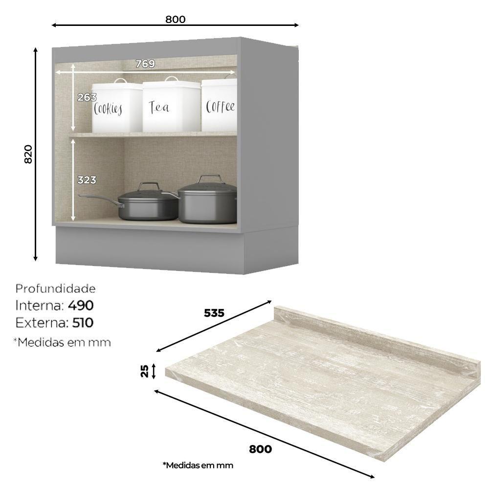 Balcao Com Tampo 2 Portas 80 Cm Americana Cinza Calcare Henn Cinza Calcare - 3
