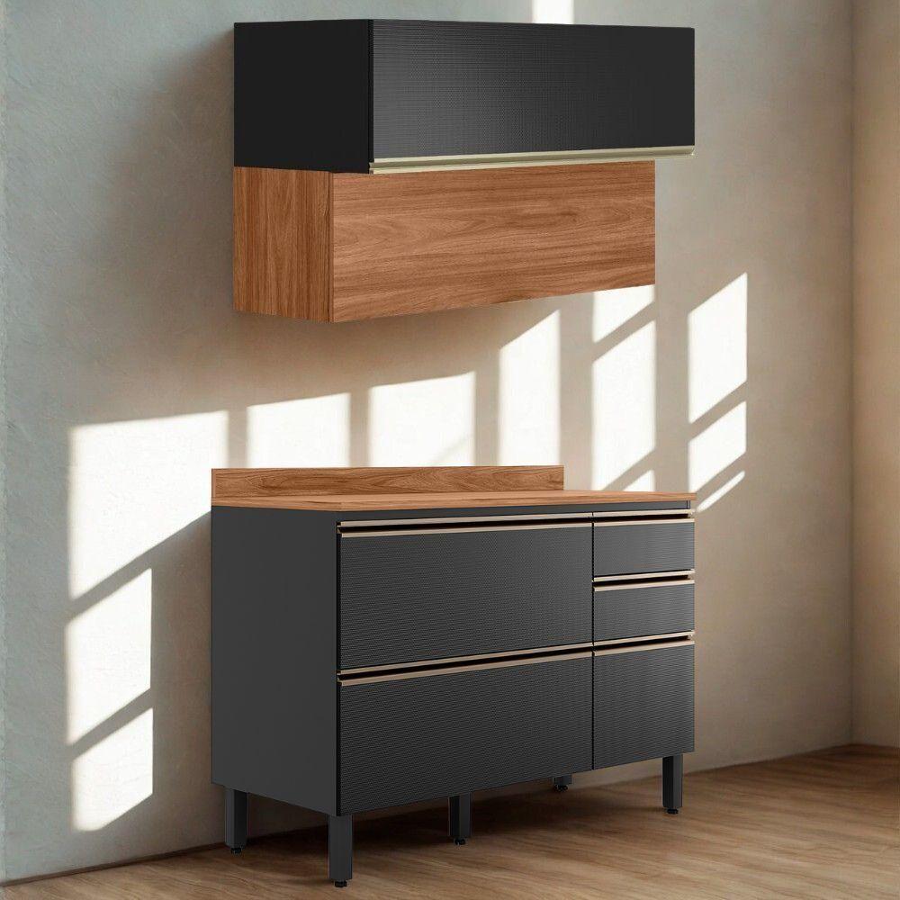 Balcao Com Tampo E Armario Aereo 120 Cm Proenca Nogueira Carbono Prime Demartez Nogueira Carbono Prime - 2