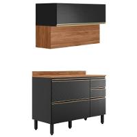 Balcao Com Tampo E Armario Aereo 120 Cm Proenca Nogueira Carbono Prime Demartez Nogueira Carbono Prime - 1