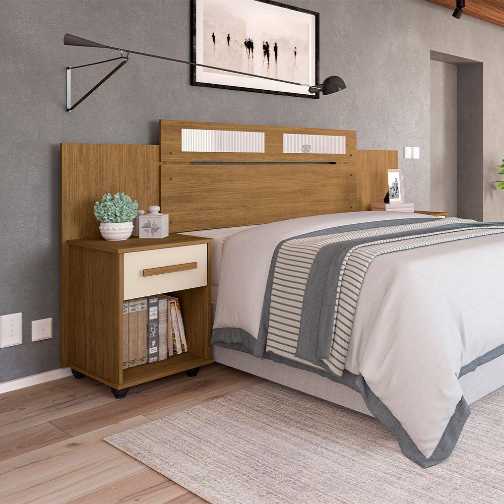 Cabeceira Em Mdf Extensível Jade Com 2 Mesas De Cabeceira Canela/off White - 1