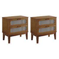 Kit 2 Mesas De Cabeceira Retrô Vintage 2 Gavetas Santorini Amêndoa 60 Cm Com Tela Indiana - 1