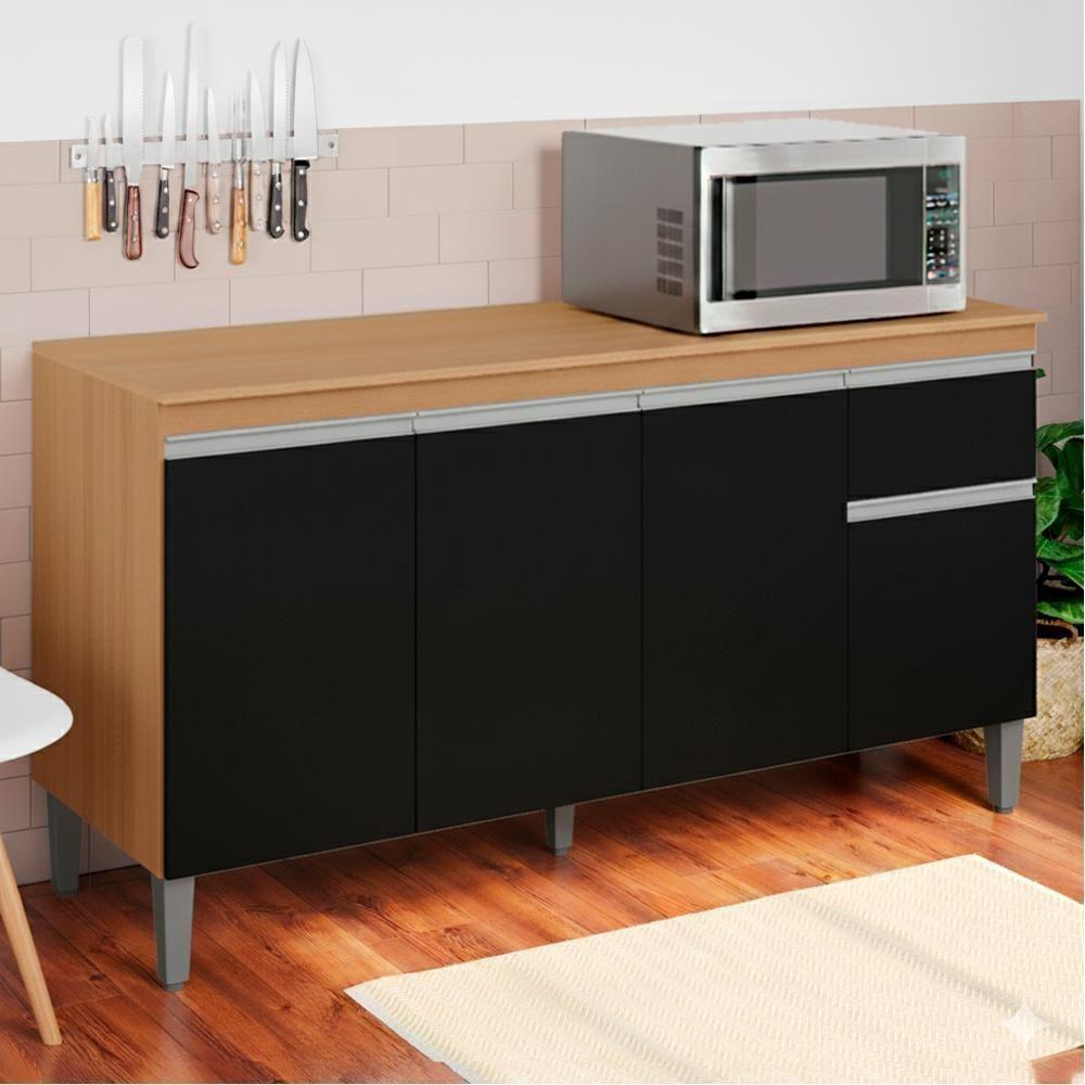 Balcao Com Tampo 150 Cm Tatiane Amendoa Preto Reajl Moveis Amendoa Preto - 6