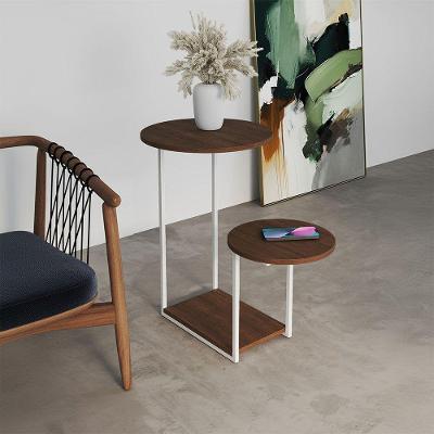 Mesa Lateral Industrial Branco Ferro Tampo Redondo Cibele Amêndoa