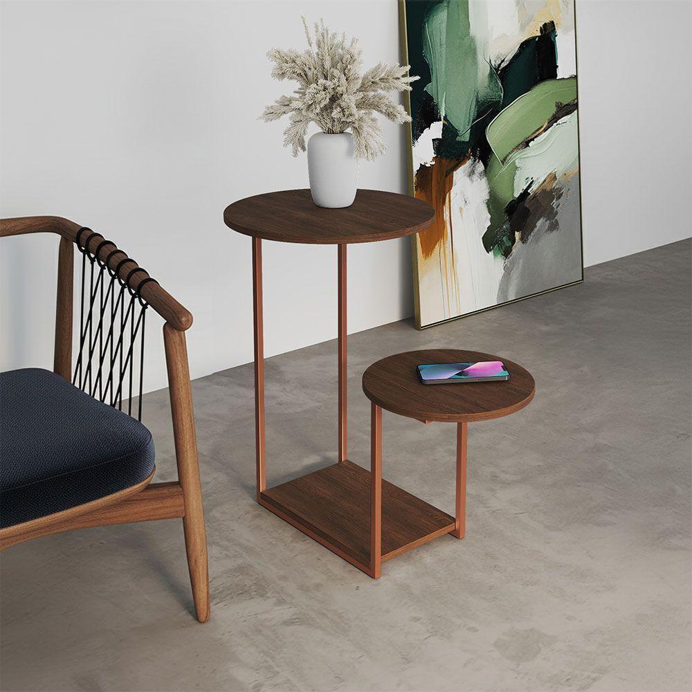 Mesa Lateral Industrial Ferro Cobre Tampo Amêndoa Redondo - 1