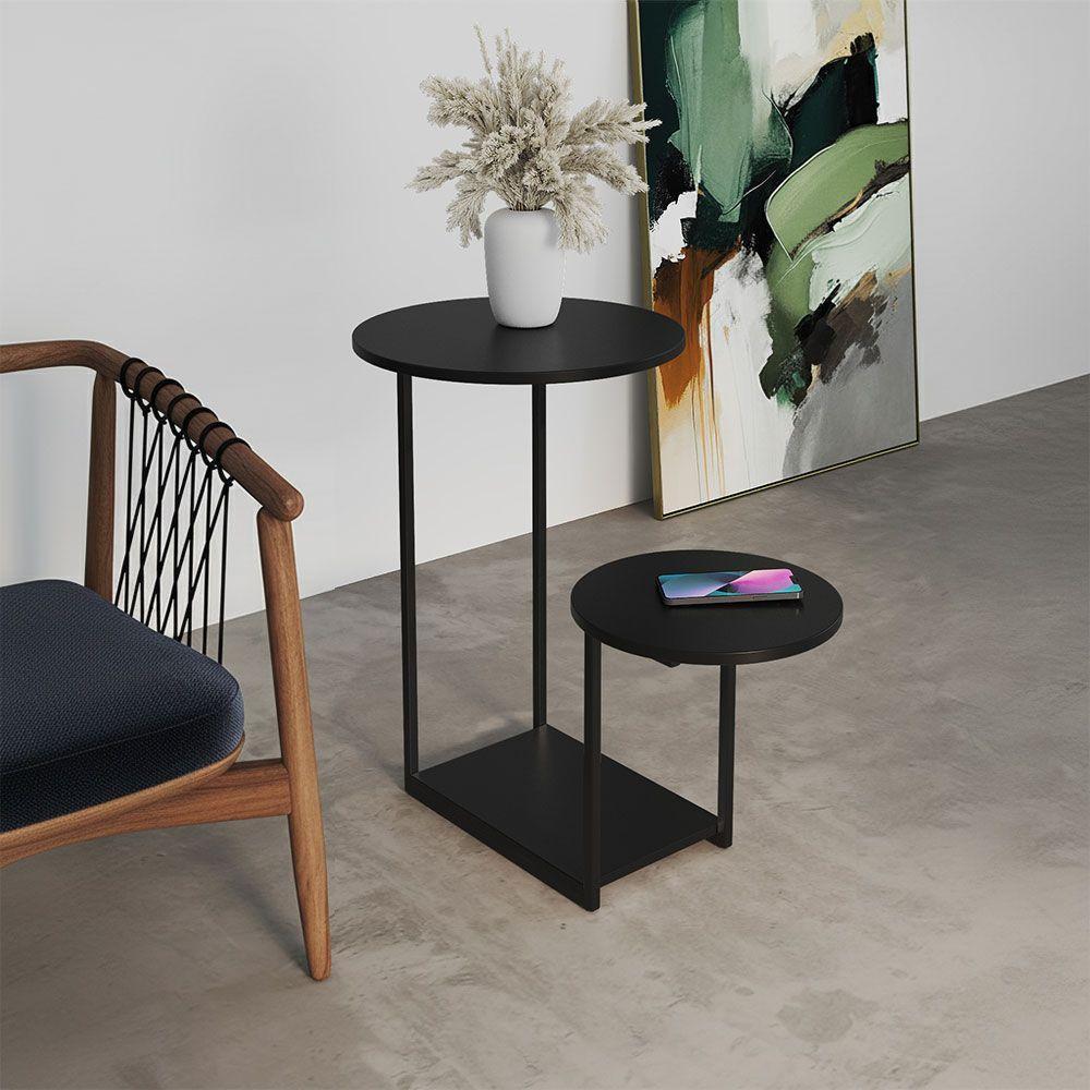 Mesa Auxiliar Lateral Cibele Ferro Preto Tampo Redondo Preto - 1