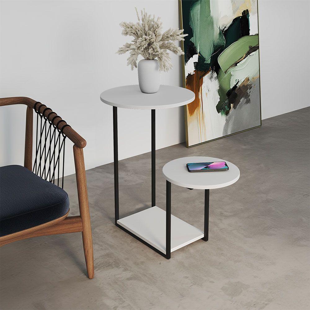 Mesa De Apoio Lateral Ferro Preto Tampo Redondo Branca - 1