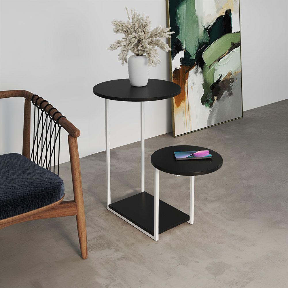 Mesa Auxiliar Cibele Ferro Branco Tampo Preto Redondo - 1