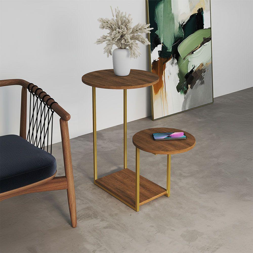 Mesal Lateral Cibele Tampo Redondo Ferro Dourado Tampo Freijó - 1