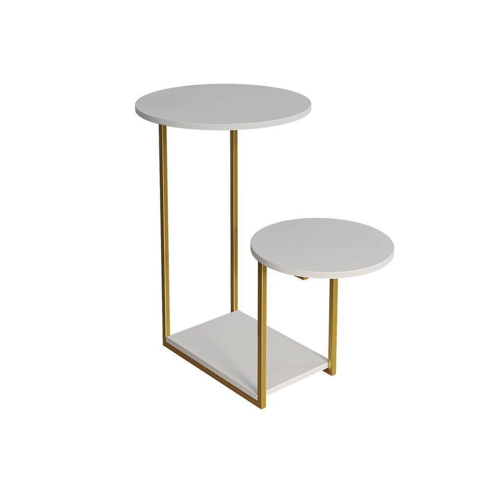 Mesal Lateral Cibele Tampo Redondo Ferro Dourado Tampo Branco - 3