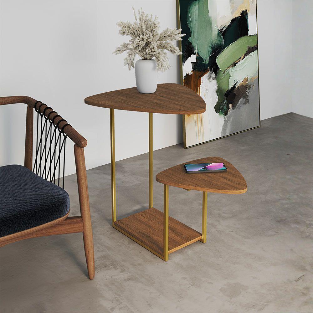 Mesa Lateral Moderna Dourado Cibele Tampo Esfiha Freijó - 1