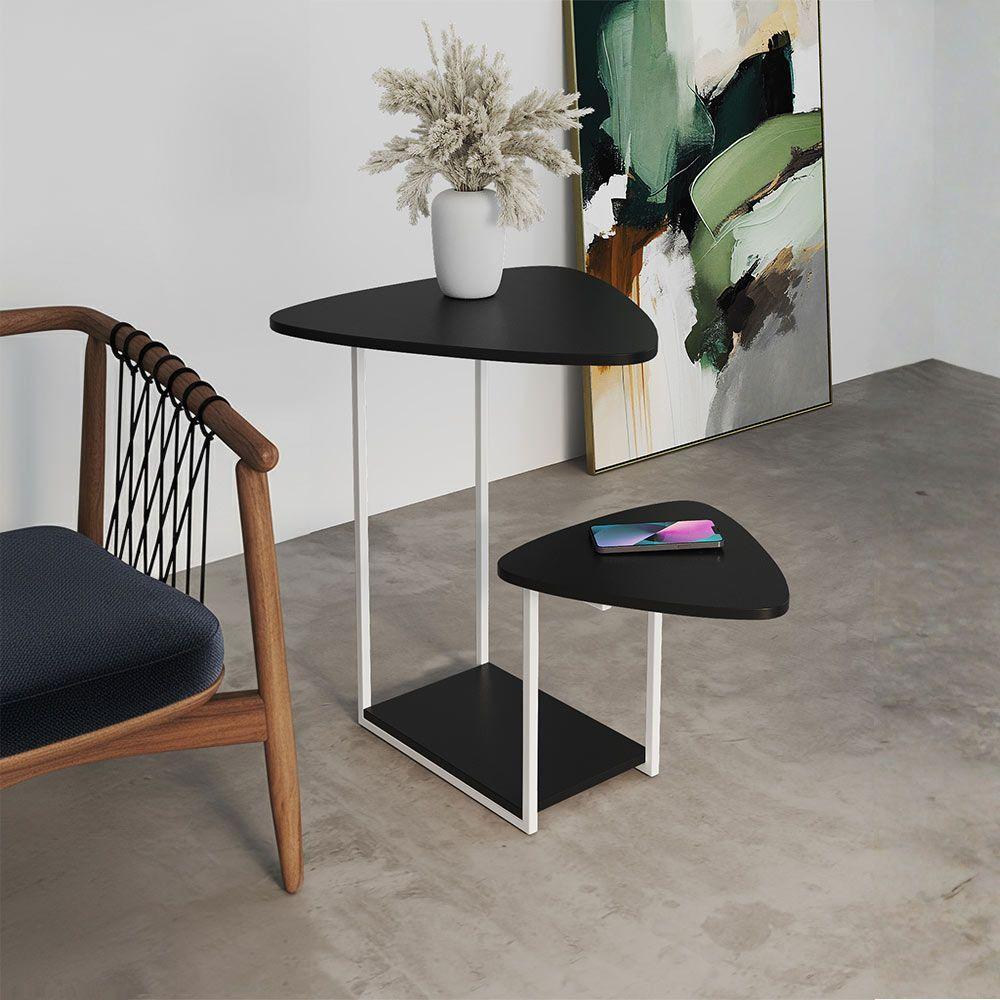 Mesa Auxiliar Cibele Ferro Branco Tampo Preto Esfiha - 1