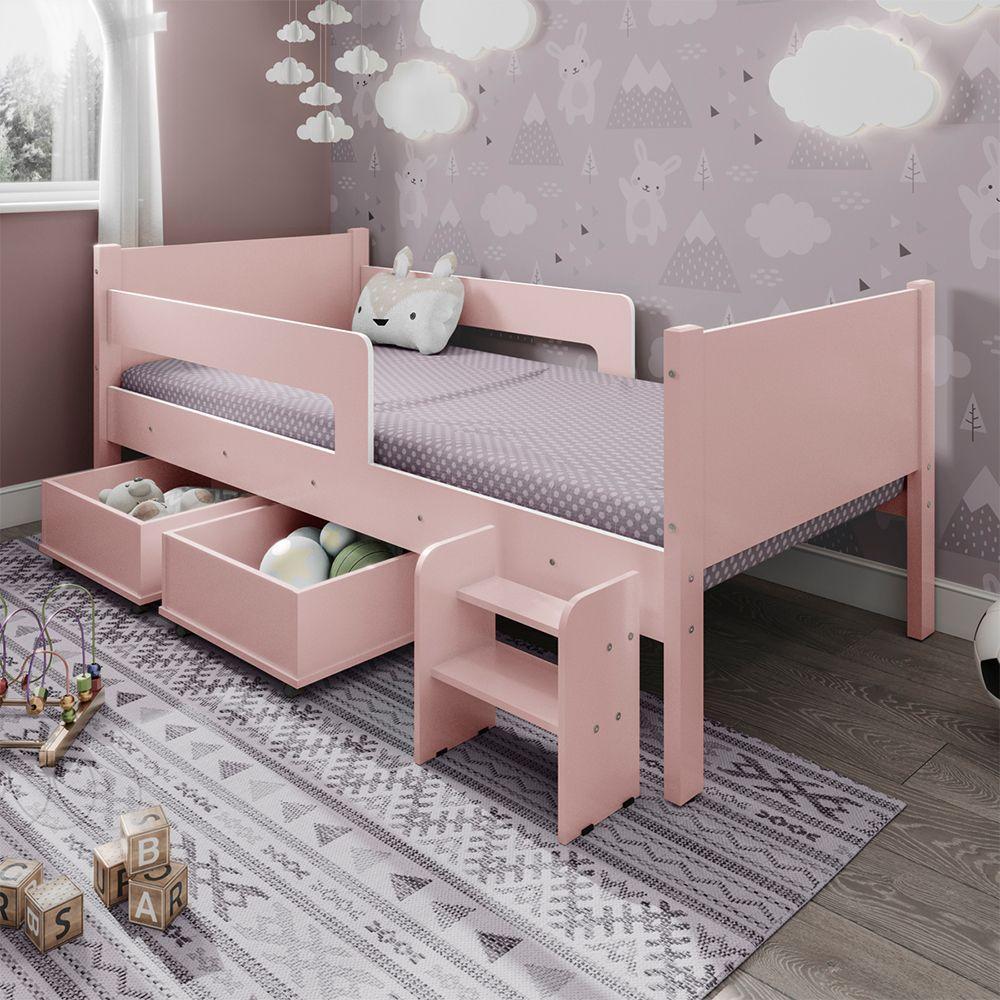 Cama Solteiro Com 2 Baus Organizador E Escada Mdf Luna Plus Branco Com Rosa - 1