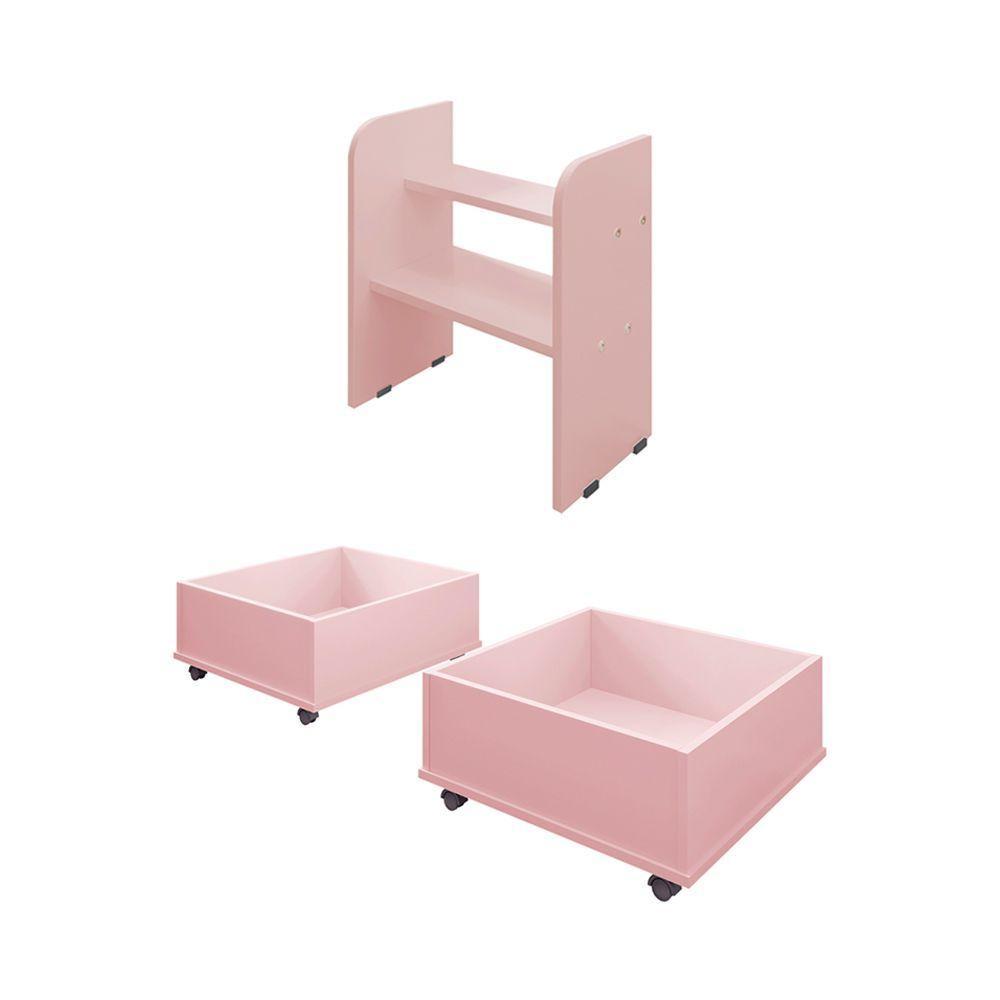 Cama Solteiro Com 2 Baus Organizador E Escada Mdf Luna Plus Branco Com Rosa - 3