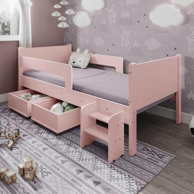 Cama Solteiro Com 2 Baus Organizador E Escada Mdf Luna Plus Branco Com Rosa