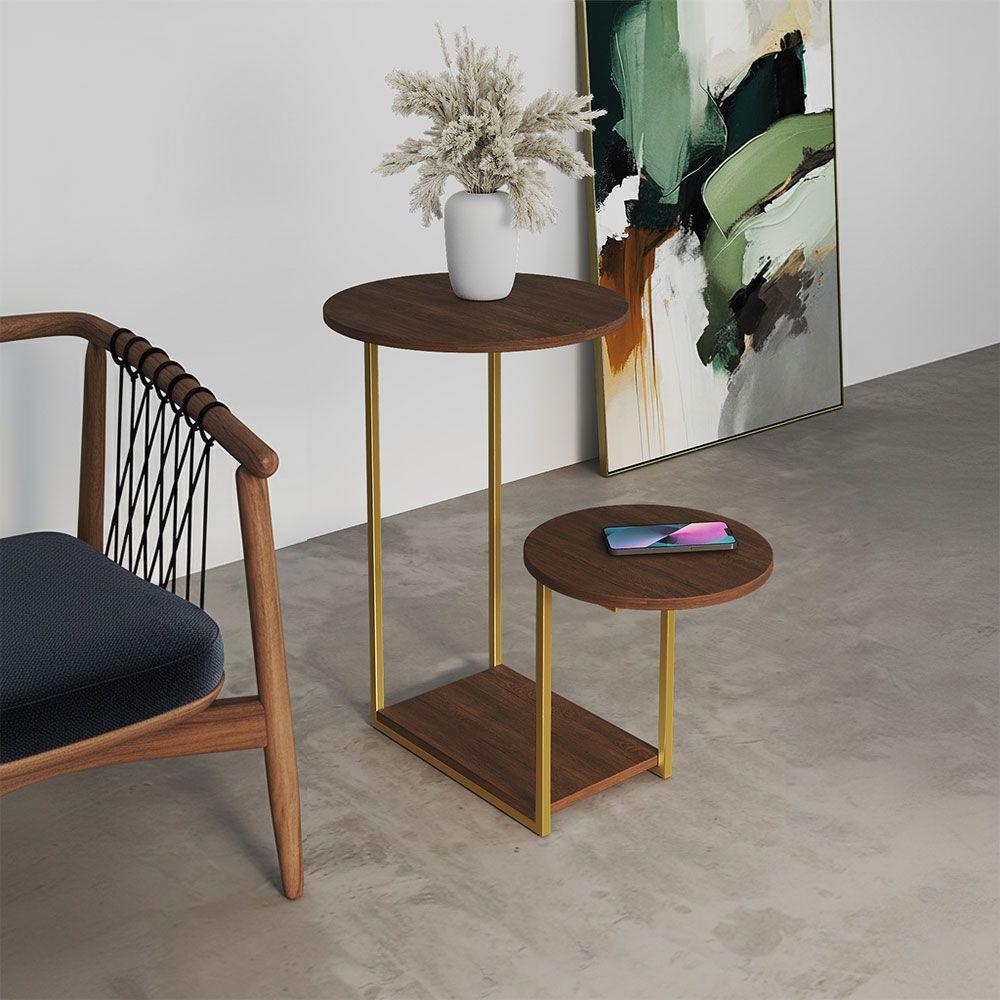 Mesa Lateral Industrial Dourado Ferro Tampo Redondo Amêndoa - 1