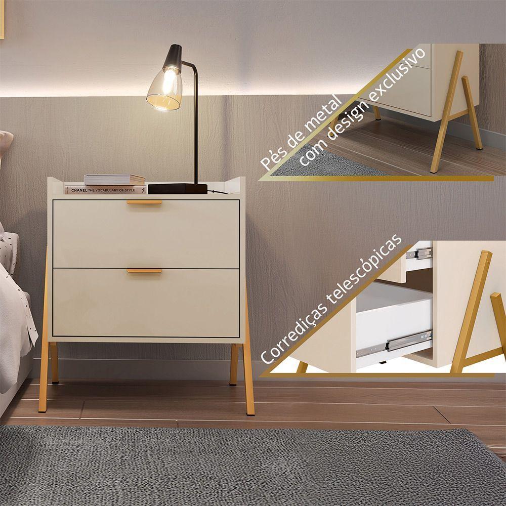 Kit 2 Mesas De Cabeceiras Retrô Com 2 Gavetas Asher 45cm - Off-white - 2