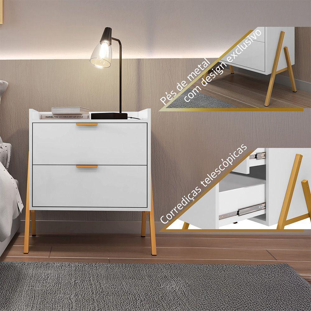 Kit 2 Mesas De Cabeceiras Retrô Com 2 Gavetas Asher 63cm - Branco - 2