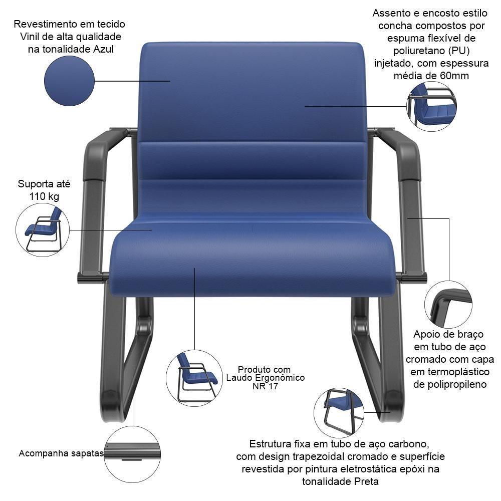 Cadeira De Escritório Recepção Com Braço Fixa Preta Lev P03 Vinil Azul - Lyam Decor - 3