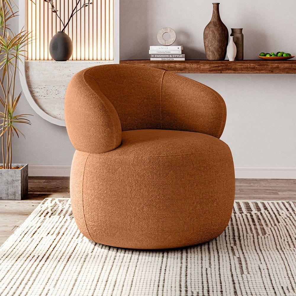 Poltrona Design Orgânico Moderno E Sofisticado Eloah Base Giratória Bouclé Italiano Terracota - 1